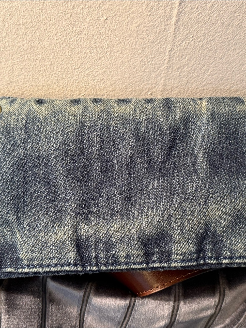 Parrisha Nash Drawstring Denim-QuiltedShoulder Bag with Brown Leather Trim - Picture 6 of 7
